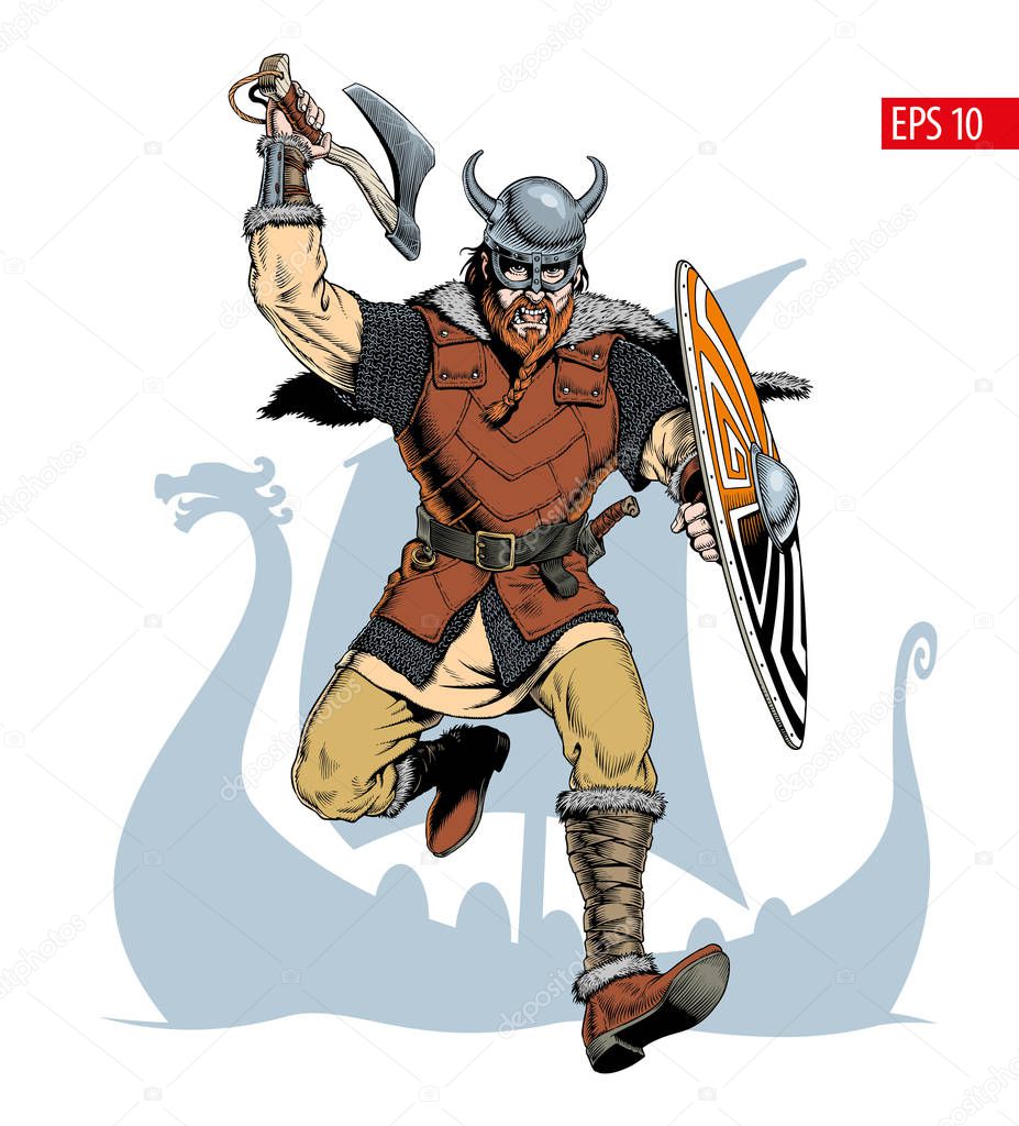 Viking with ax and shield attacks. Vector illustration.