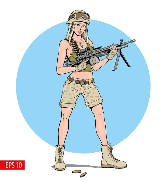 Beautiful sexy blond woman isolated holding machine gun — Stock Vector