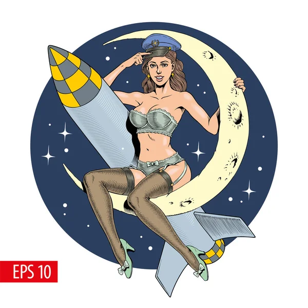 Una donna sexy vintage seduta sulla luna crescente con un missile o un razzo. Illustrazione vettoriale . — Vettoriale Stock
