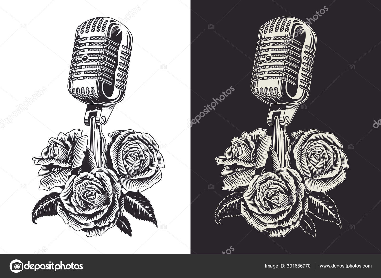 고전적 마이크와 장미는 격리되어 있습니다 일러스트 스톡 벡터 - ©creo_13 391686770, image size:1600x1167