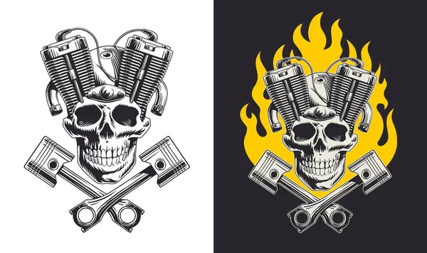 Crânio Com Motor Motocicleta Pistolas Ilustração Vetorial Idéia Para Tatuagem — Vetor de Stock