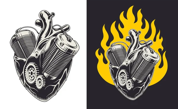 Metallmotorherz Mit Flamme Vektorillustration — Stockvektor