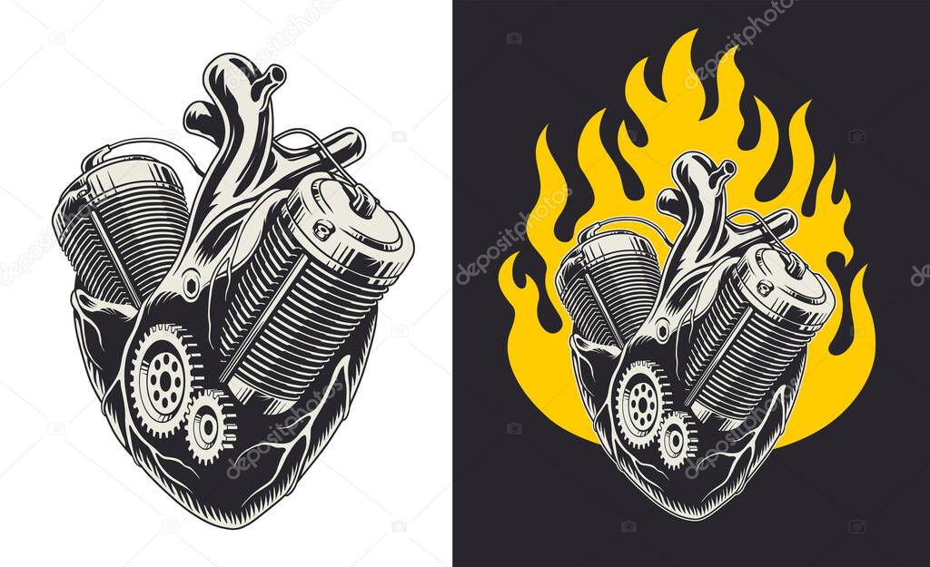 Metal motor engine heart with flame. Vector illustration.