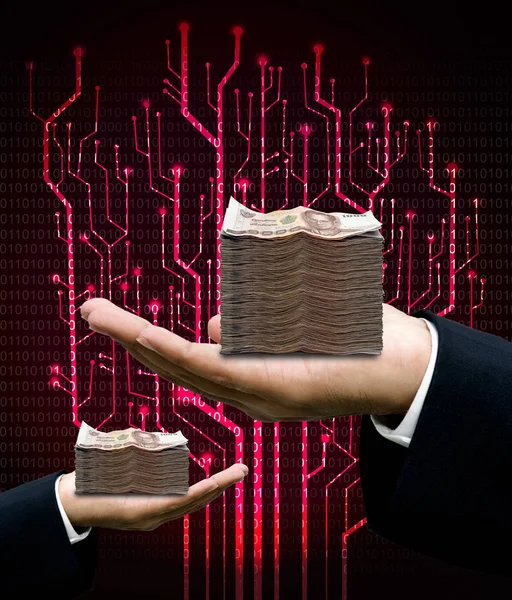 Businessman carry money with digital tree circuit and world map background