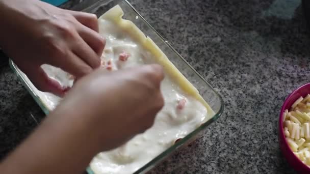 Schinken Auf Weißer Sauce Legen Lasagne Zubereiten — Stockvideo