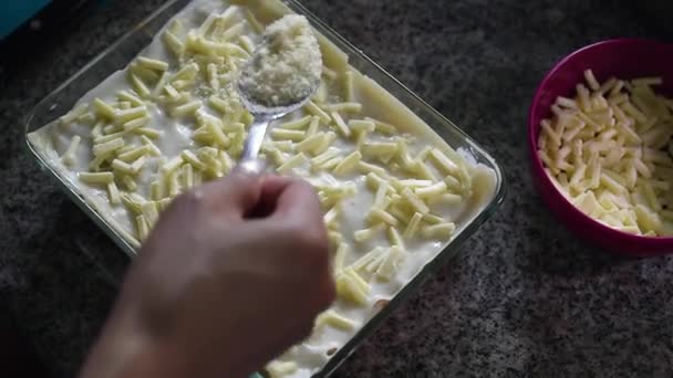 Lay Cheese Top Make Lasagna — Stock Video