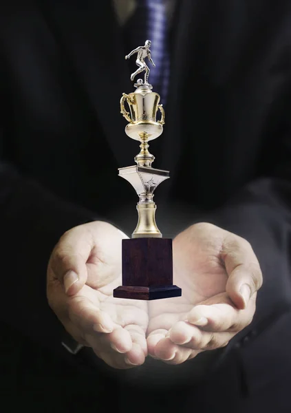 Succes Sport Business Concept Businessman Carry Vintage Sport Trophy Hand — Stock Photo, Image