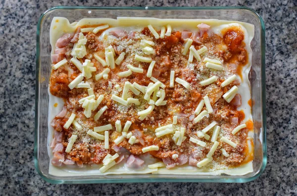 西红柿和猪肉煮汁 奶酪顶在碗里 做千层面 — 图库照片