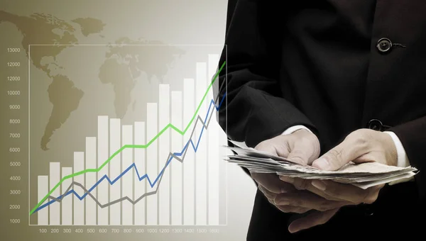 Hospodářský Růst Chart Podnikatel Počítání Peněz Hotovost Pokladně — Stock fotografie