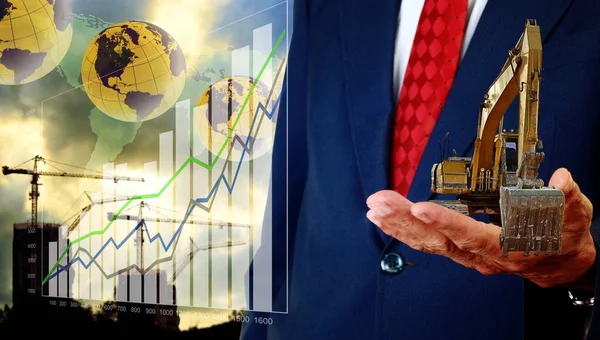 Business Man Show Growth Chart World Construction Industrial Concept — Stock Photo, Image