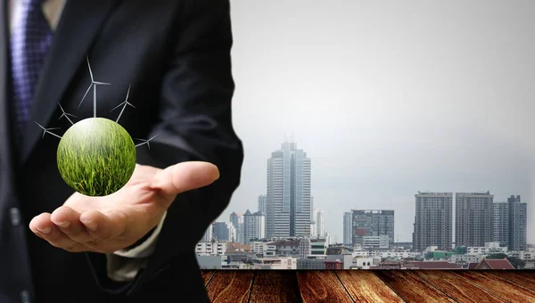 Businessman Show Wind Farm Project Hand — Stock Photo, Image