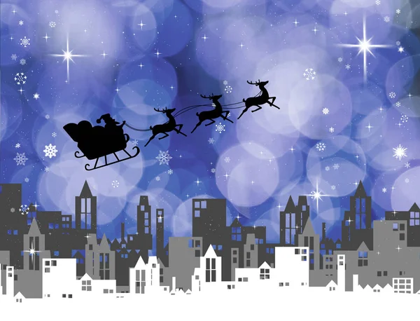 Santa Cláusula Trineo Volando Sobre Ciudad Tema Navidad —  Fotos de Stock