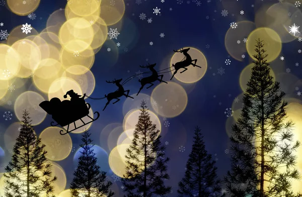 圣诞老人条款雪橇飞行在松树与美好的 Bokeh 轻的天空 圣诞节主题 — 图库照片