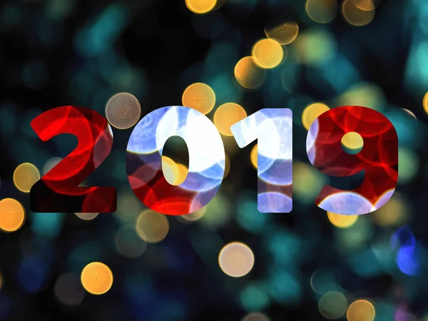 Κείμενο Του 2019 Νέο Έτος Ανοιχτόχρωμο Φόντο Bokeh — Φωτογραφία Αρχείου