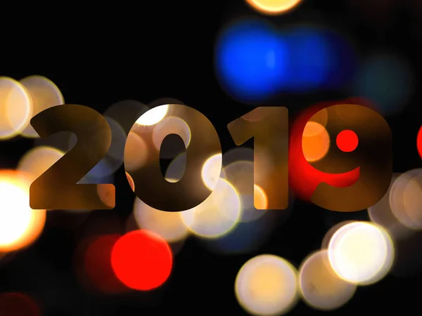Κείμενο Του 2019 Νέο Έτος Ανοιχτόχρωμο Φόντο Bokeh — Φωτογραφία Αρχείου
