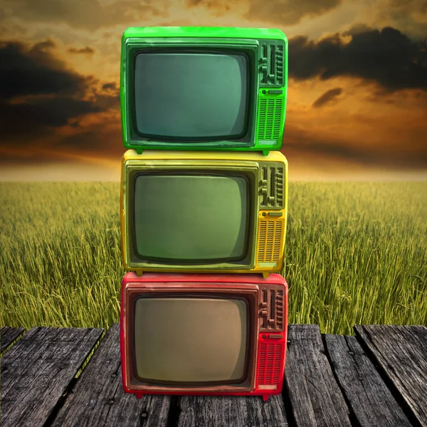 Retro Television Overlap Wooden Deck Farmland Background — Stock Photo, Image