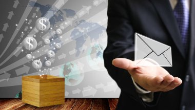 İşadamı ile dolar para kabarcıklar simgesi float, Bu e-posta taşıma