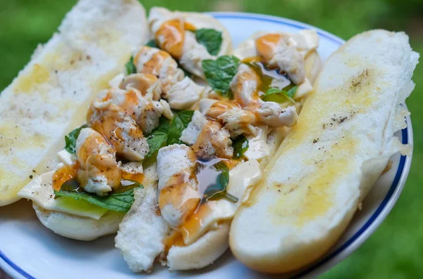 Hähnchen-Hotdog zum Essen im Garten — Stockfoto