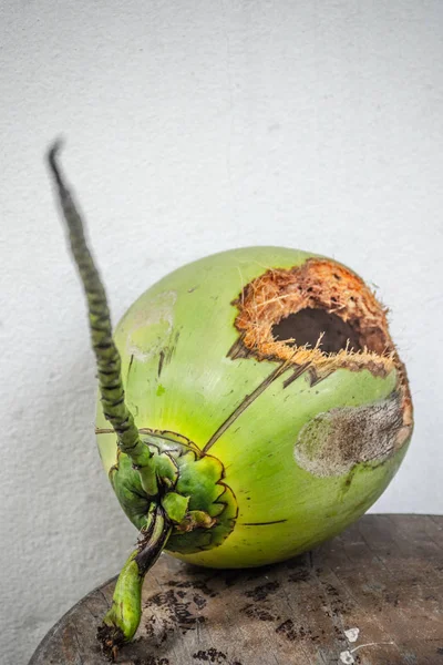 Noix de coco verte avec trou sur la table — Photo