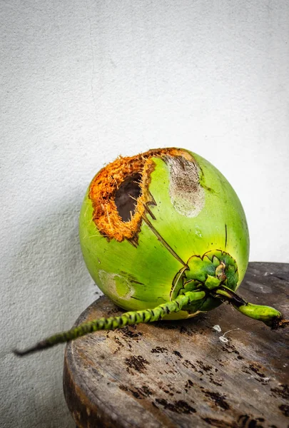 Cocco verde con foro sul tavolo — Foto Stock