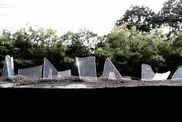 Broken sharp glass decoration on top of fence for security — Stock Photo, Image