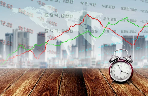 Relógio despertador no convés de madeira com gráfico de mercado de ações e paisagem urbana — Fotografia de Stock