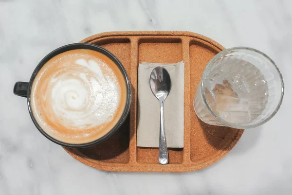 Hot Coffee Latte Cup Drinking Water Tray — Stock Photo, Image