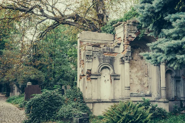Storico cimitero ebraico antico a Breslavia, Polonia. Sfondo per Halloween design e testo — Foto Stock
