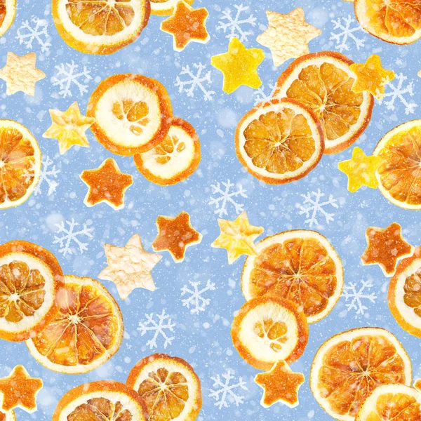 Weihnachten Hintergrund aus getrockneten Orangen, Schale in Form eines Sterns und mit Zimt. nahtloser Hintergrund — Stockfoto