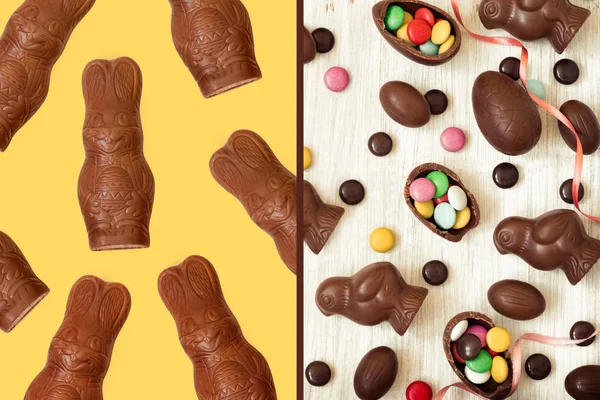 Sfondo pasquale con caramelle al cioccolato a forma di coniglio, pollo, uova e dolci — Foto Stock