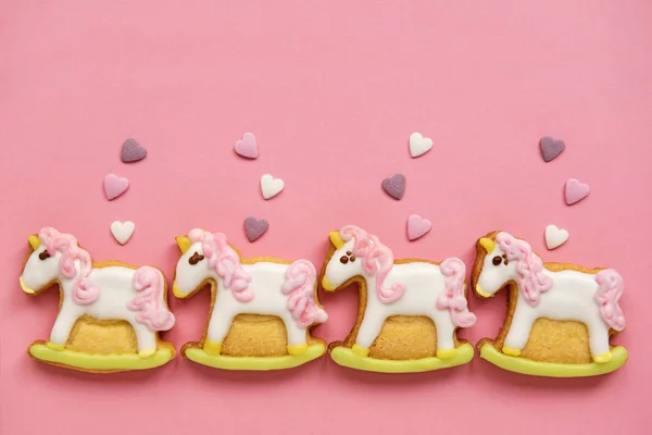 Unicorn Shaped Sugar Cookies Decorated Pastel Royal Icing Pink Background — Stock Photo, Image