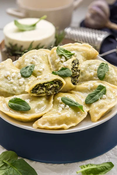 Dumplings Spinach White Cheese Very Popular Food Poland Homemade Food — Stock Photo, Image