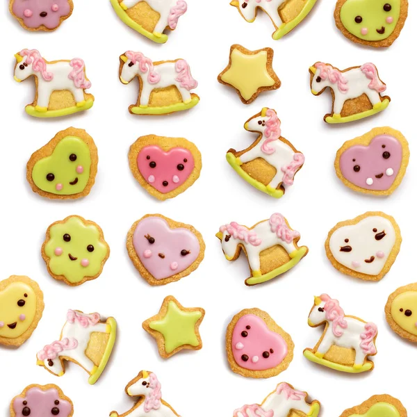 Biscotti Zucchero Forma Unicorno Cuore Decorati Con Glassa Reale Pastello — Foto Stock