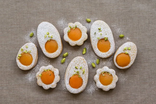 Happy Easter Cookies Shape White Eggs Apricot Yolk Pistachios Homemade — Stock Photo, Image