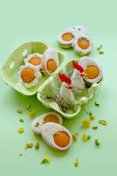 Happy Easter Cookies Shape White Eggs Apricot Yolk Pistachios Homemade — Stock Photo, Image