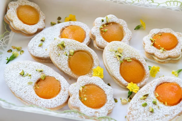 Wesołych Świąt Ciasteczka Kształcie Jaja Białe Moreli Żółtka Pistacji Jako — Zdjęcie stockowe