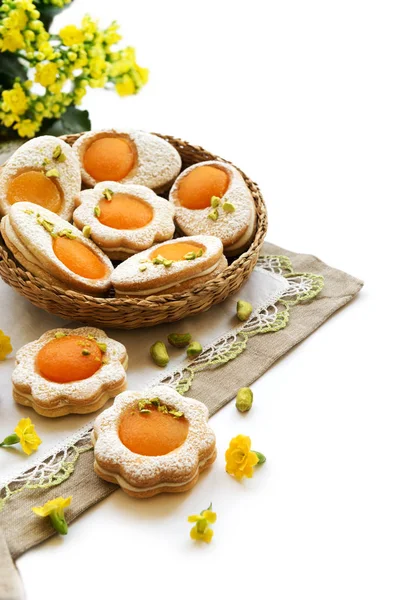 Happy Easter Cookies Shape White Eggs Apricot Yolk Pistachios Homemade — Stock Photo, Image