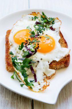 Sahanda yumurta beyaz bulaşık görünümün üst kıyılmış yeşillikleri ile ekmek üzerinde iki sarısı ile