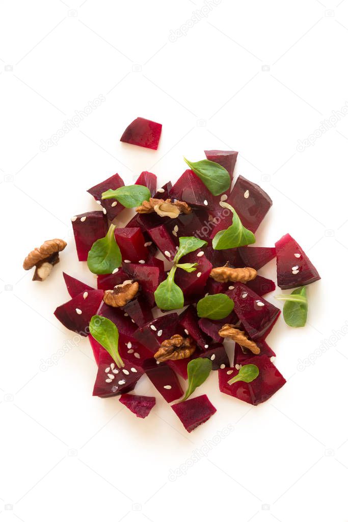 Boiled beets finely chopped on a white background