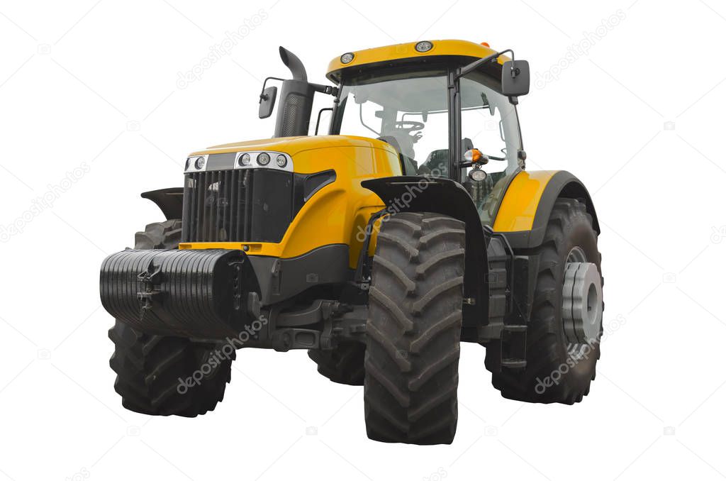 Yellow agricultural tractor isolated on a white background