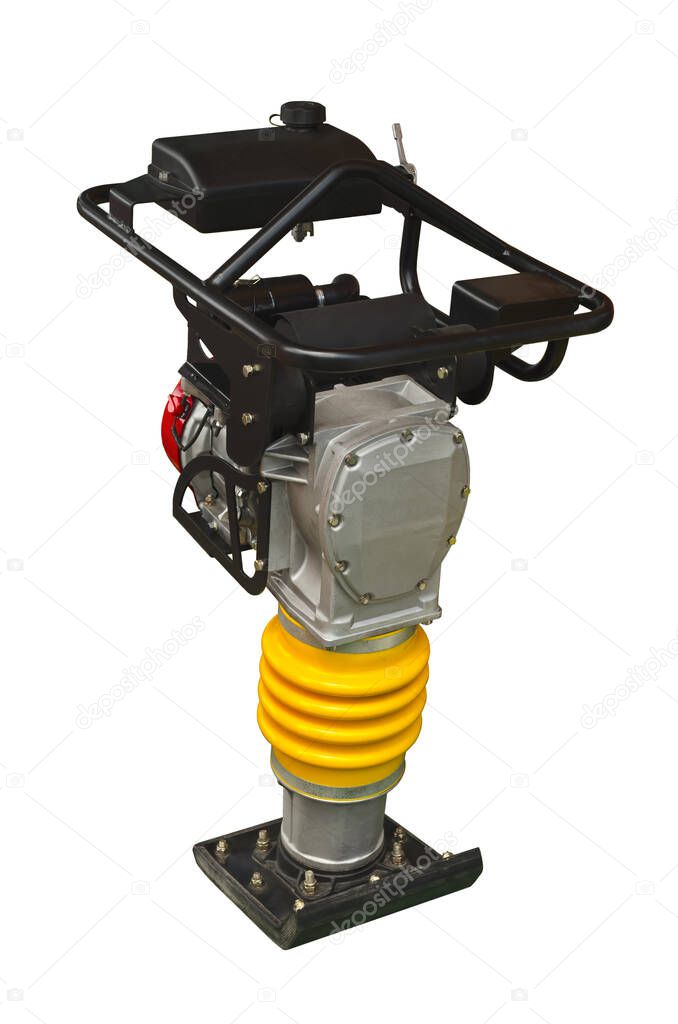 Trench rammer with a two-stroke engine for compaction of sand, gravel or hardcore in trenches and other spaces where space is limited ( isolated on a white background )