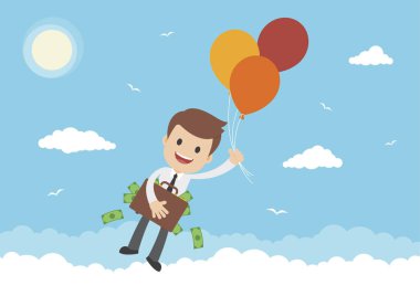 Para dolu çantayı balonlarla tarafından uzakta yüzen bir işadamı