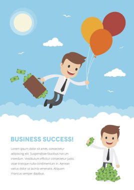 Flyer şablonu tarafından para dolu çantayı balonlarla uzakta yüzen bir işadamı ile