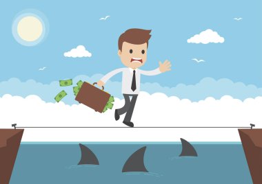 Bir işadamı ile bavul dolusu para köpekbalıkları üzerinde ip üstünde yürüme