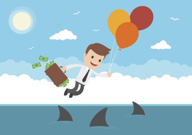 Bavul dolusu para köpekbalıkları ile balon üzerinde yüzen bir iş