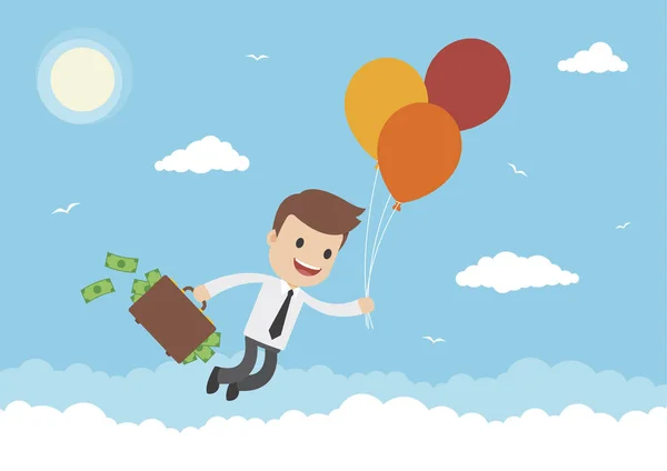 Hombre Negocios Flotando Globos Con Maletín Lleno Dinero — Vector de stock