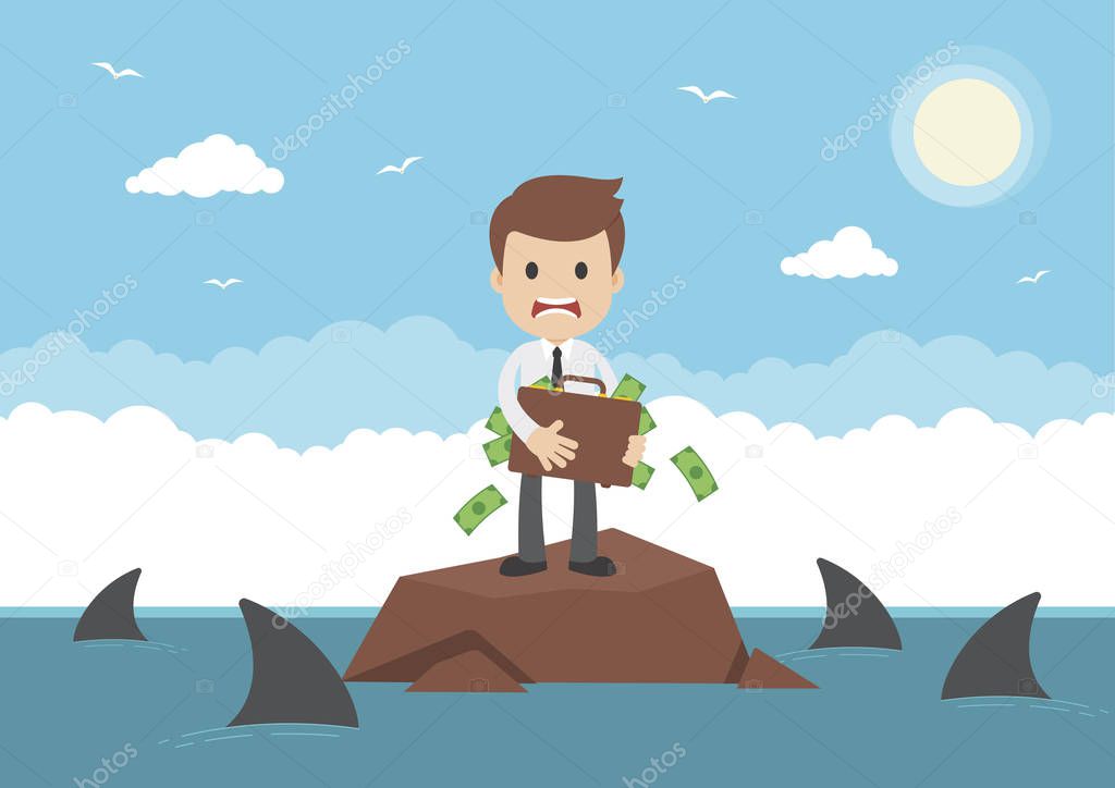 A businessman with briefcase full of money surrounded by sharks