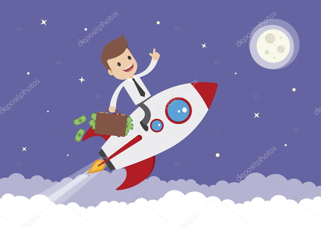 A cartoon businessman on a space rocket with briefcase full of money