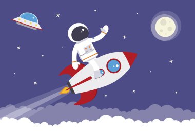 Bir uzay roketi üzerinde çizgi film uzay adamı 