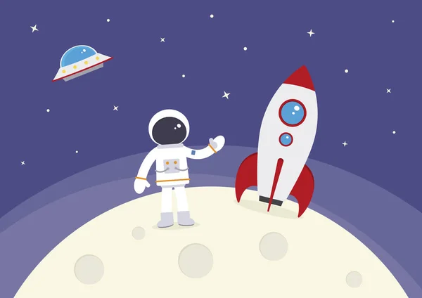 Astronaute Dessin Animé Une Fusée Sur Lune — Image vectorielle
